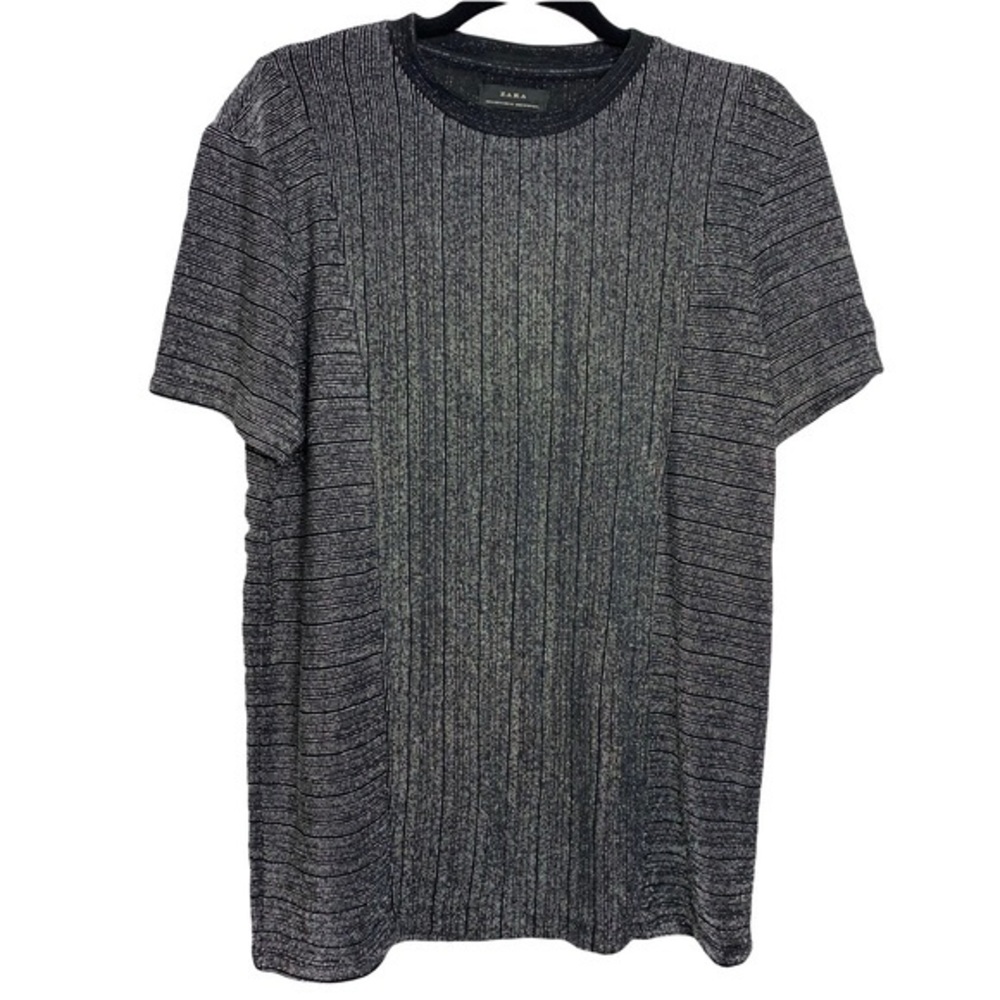 ZARA mens black silver metallic striped short sleeve shirt